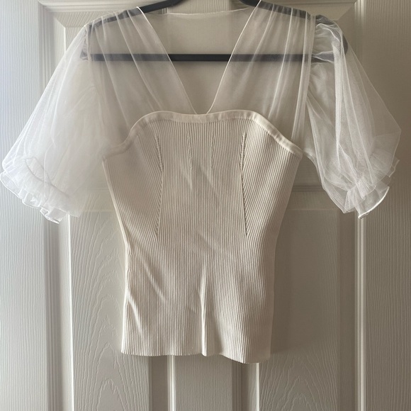 Endless Rose Tops - Endless Rose Ivory Ribbed Top with Sheer Puff Sleeves